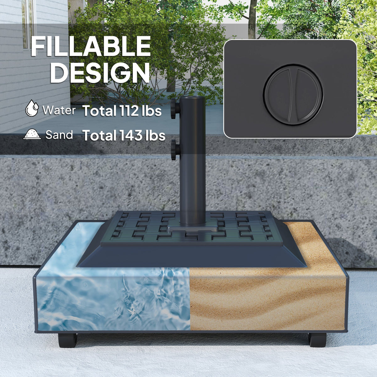 Outdoor Umbrella Base with Wheels, Up to 143lbs Sand or 112lbs Water, Black