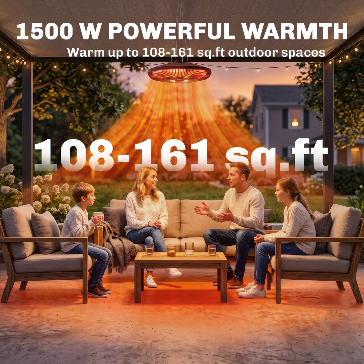 Electric Hanging Patio Heater with LED Light, 750/1500 W Infrared Heat & 24-Hour Timer