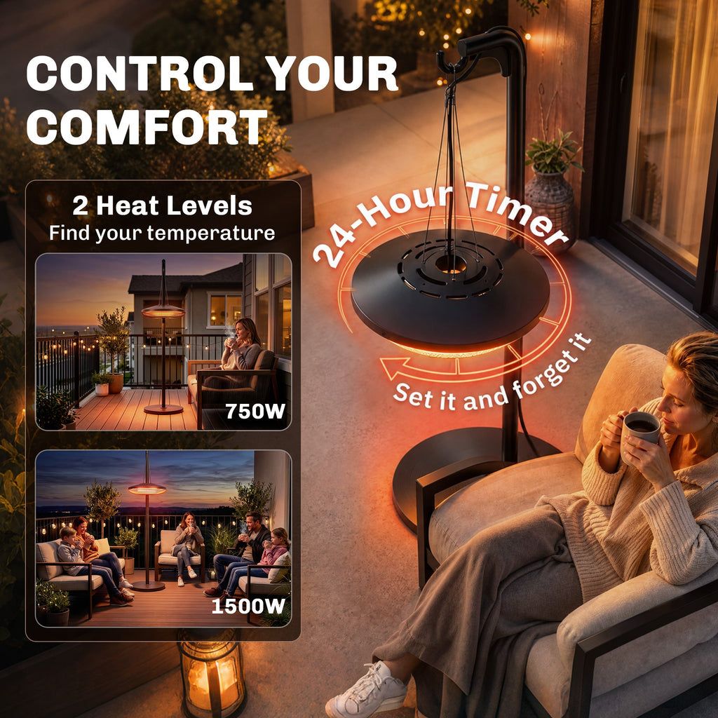 Electric Hanging Patio Heater with LED Light, 750/1500 W Infrared Heat & 24-Hour Timer