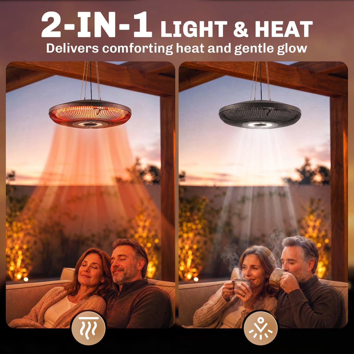 Electric Hanging Patio Heater with LED Light, 750/1500 W Infrared Heat & 24-Hour Timer