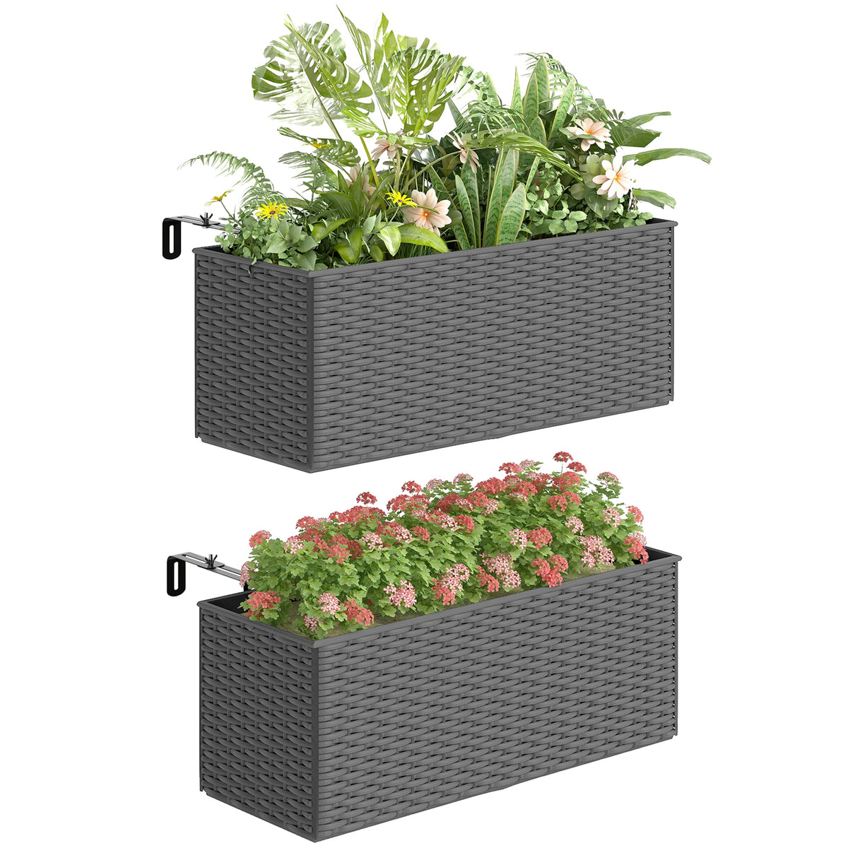 2 Pack 20" Railing Planter Boxes with Hooks and Drainage, Grey