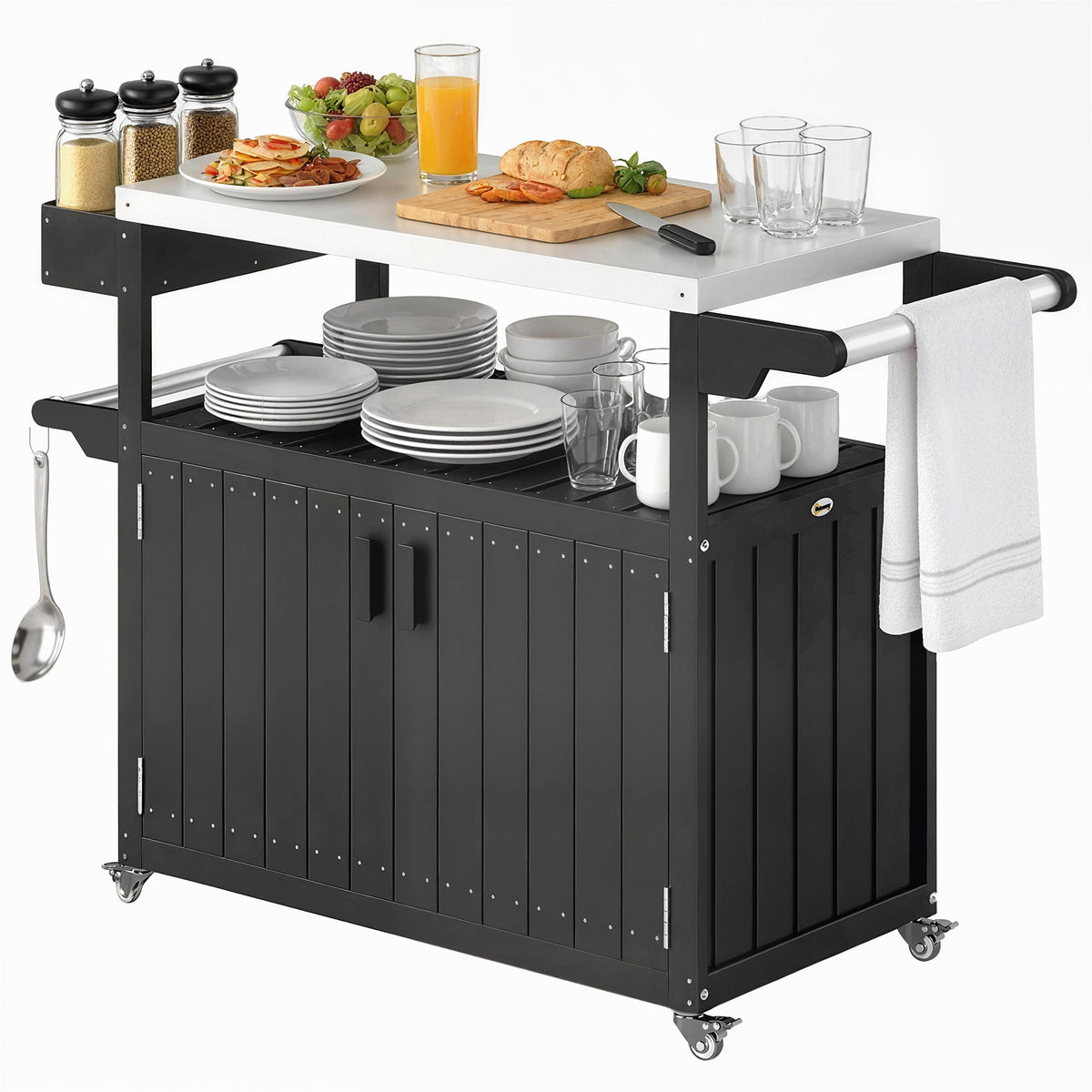 Outdoor Bar Cart with Storage Cabinet, Black