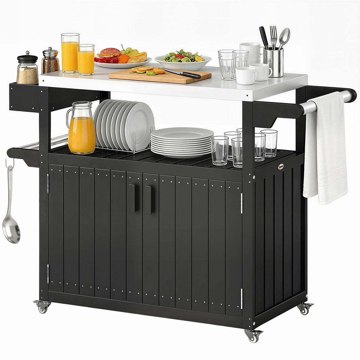 Outdoor Bar Cart with Storage Cabinet, Black
