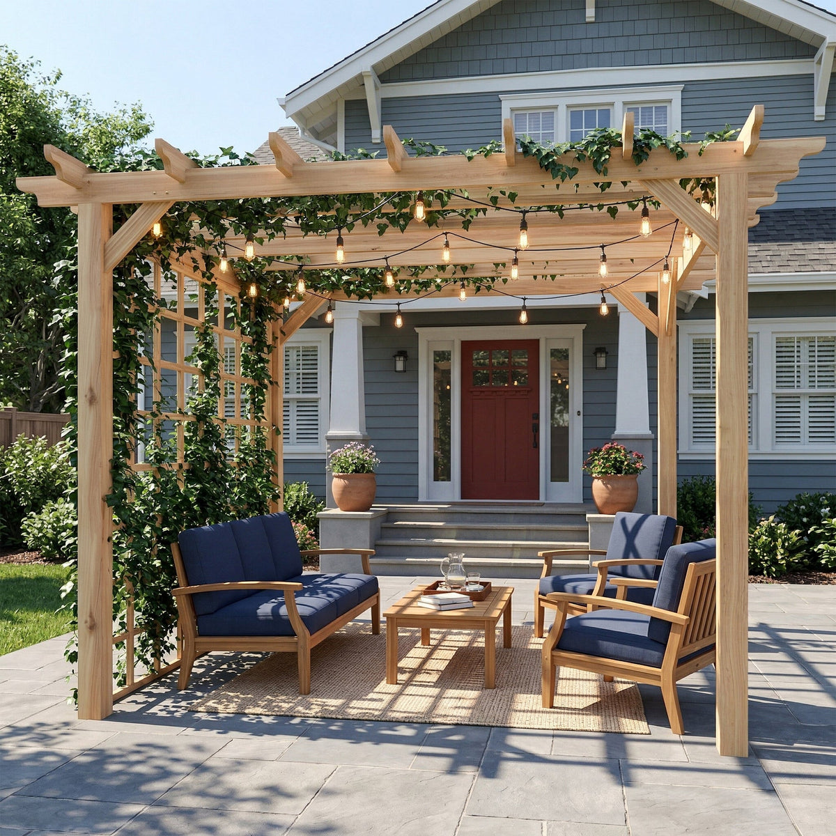 PerArbor 3 x 3 m Natural Wood Pergola Kit with Grape Trellis & Triangle Supports