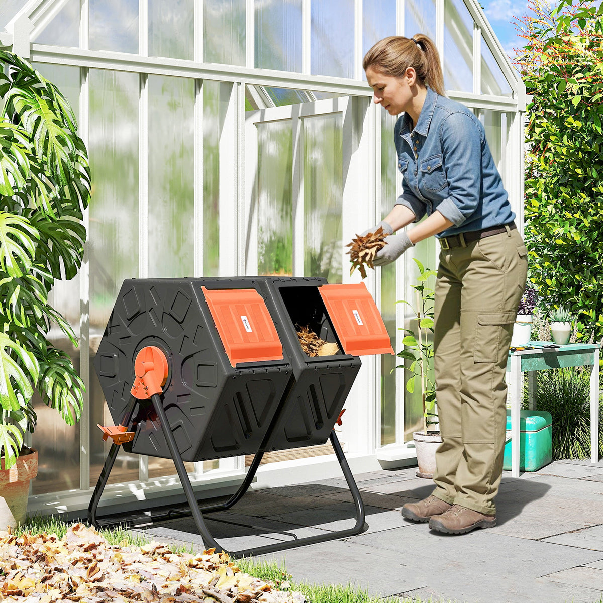 34.5 Gallon Dual Chamber Compost Tumbler with Steel Legs, Orange