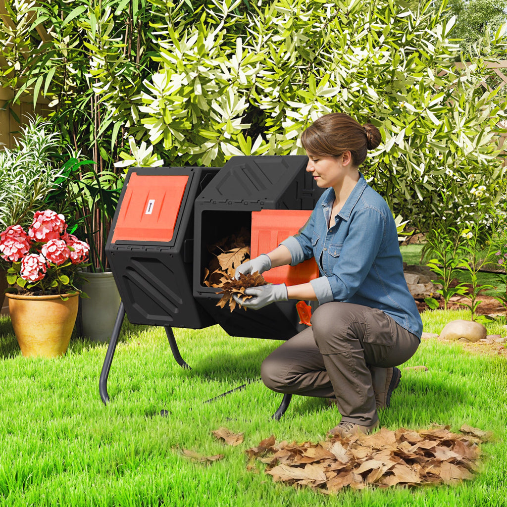 34.5 Gallon Dual Chamber Compost Tumbler with Steel Legs, Orange