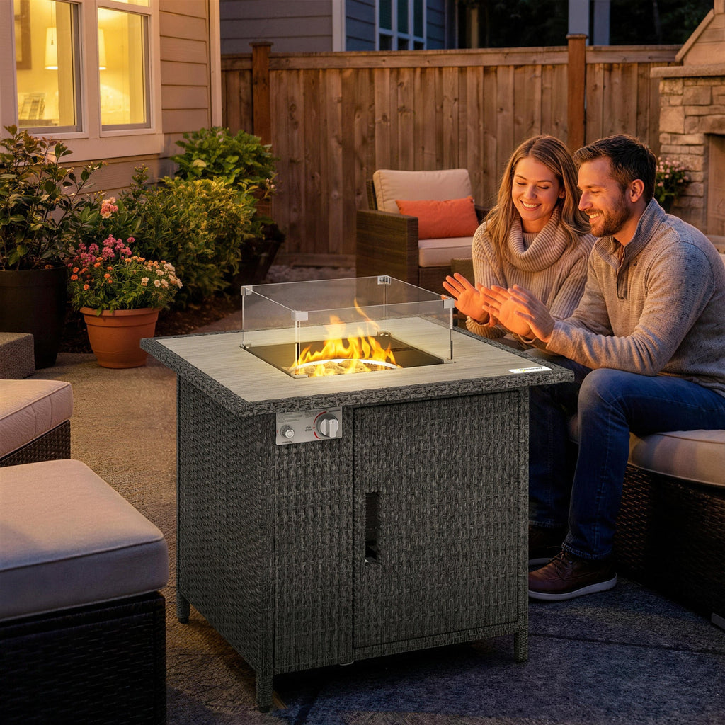14.5 KW Rattan Gas Fire Pit Table with Cover, Wind Guard & Lid, Dark Grey