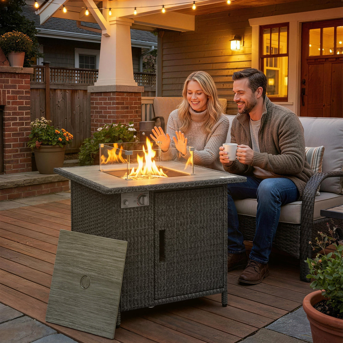 14.5 KW Rattan Gas Fire Pit Table with Cover, Wind Guard & Lid, Dark Grey