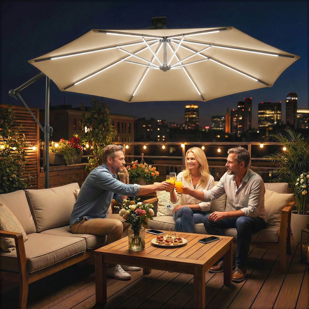 3 m Cantilever Parasol with Solar LED Light, Cover & 360° Rotation, Khaki