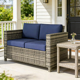 2-Seat Patio Loveseat Wicker Sofa with Cushions, Dark Blue