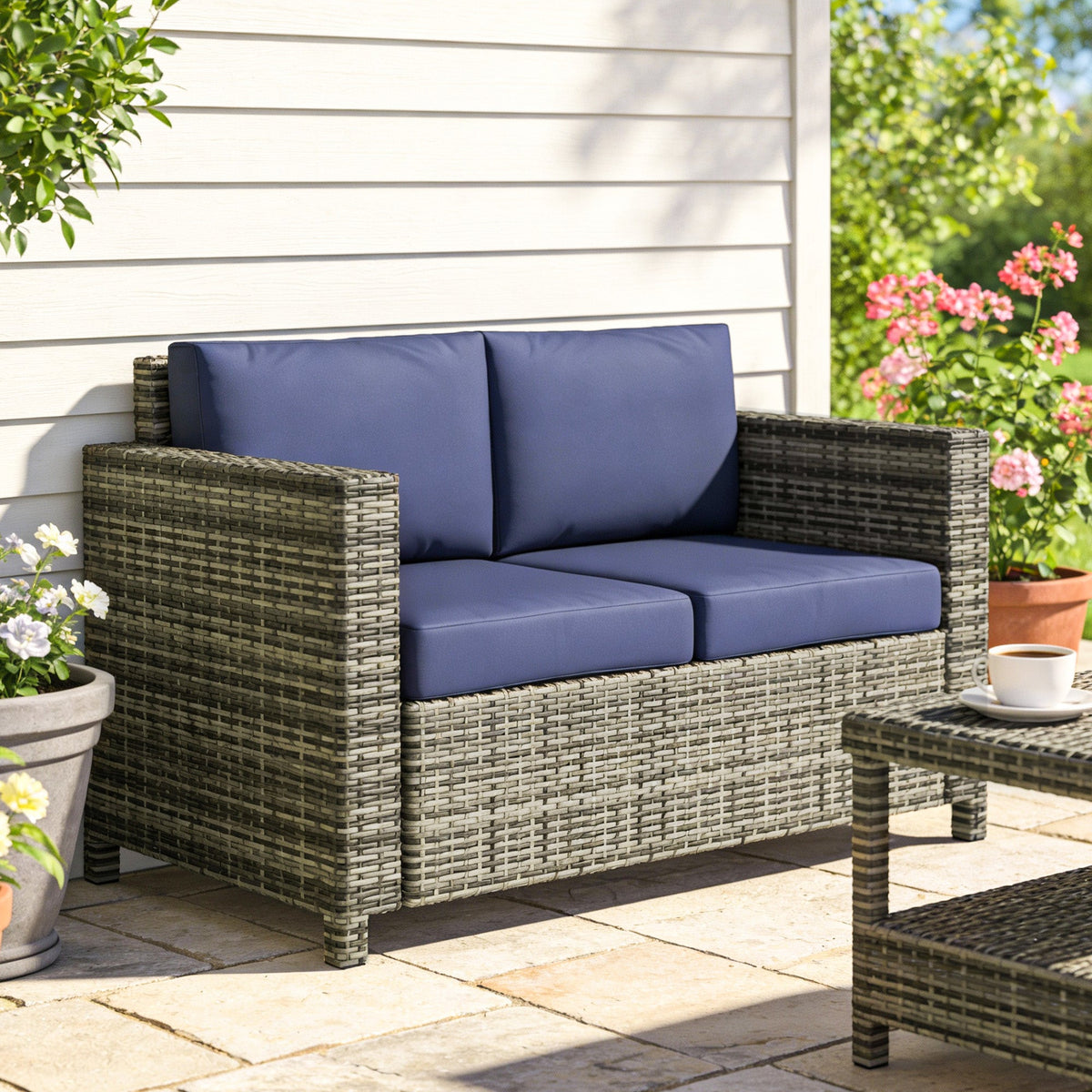 2-Seat Patio Loveseat Wicker Sofa with Cushions, Dark Blue