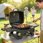 2 Burner Gas Grill with 2 Side Tables and Cast Iron Grates, Black