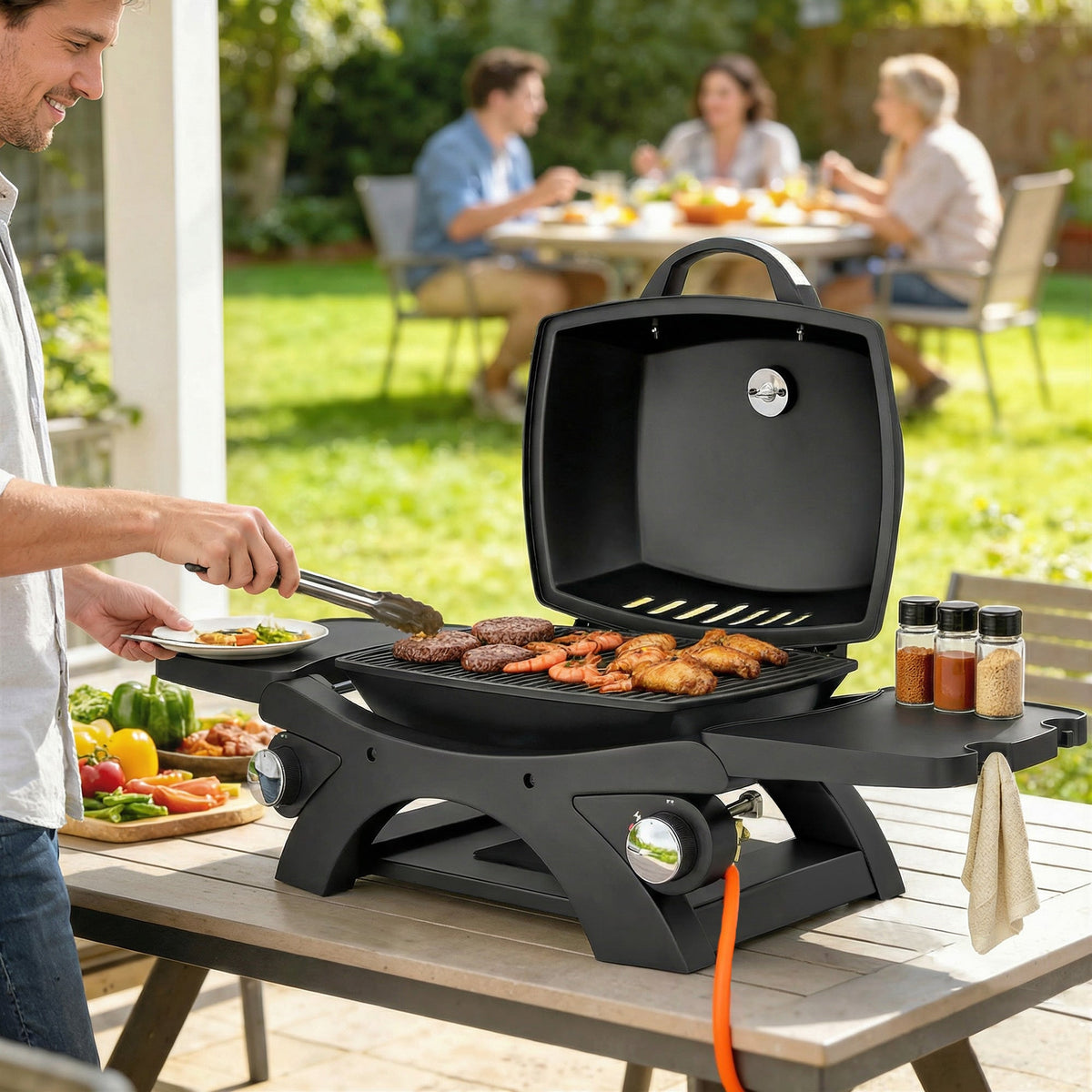 2 Burner Gas Grill with 2 Side Tables and Cast Iron Grates, Black