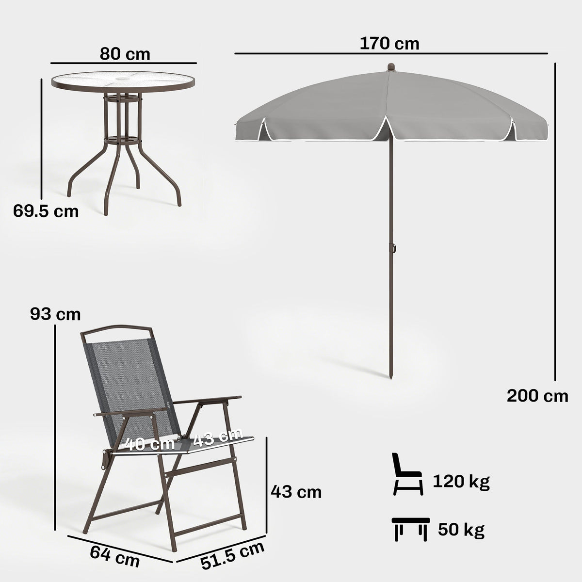 6 Piece Garden Dining Set with Umbrella and Folding Chairs, Dark Grey