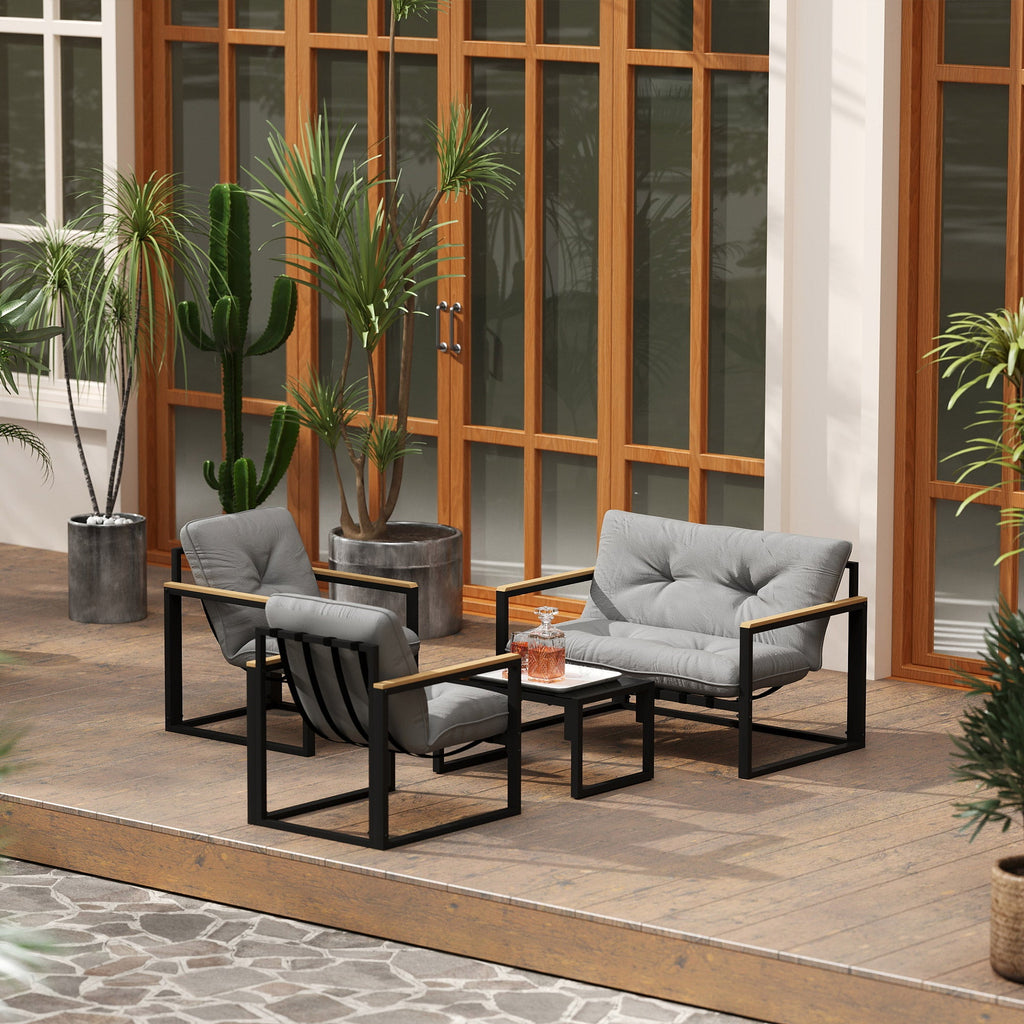 4 Piece Patio Furniture Set with Loveseat, Coffee Table and Thick Cushions, Light Grey