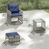 5-Piece Rattan Patio Set with Ottomans & 2-Tier Glass Table, Grey/Dark Blue