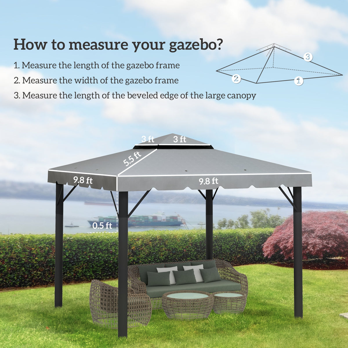 10' x 10' Gazebo Replacement Top with Double Vented Roof for Outdoor Patio Use, Light Gray