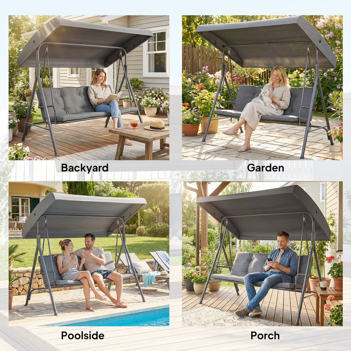 3 Seater Garden Swing Chair with Tilting Canopy and Cushion, Dark Grey
