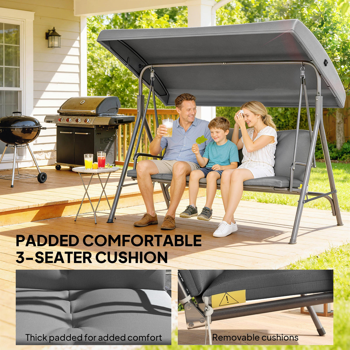 3 Seater Garden Swing Chair with Tilting Canopy and Cushion, Dark Grey