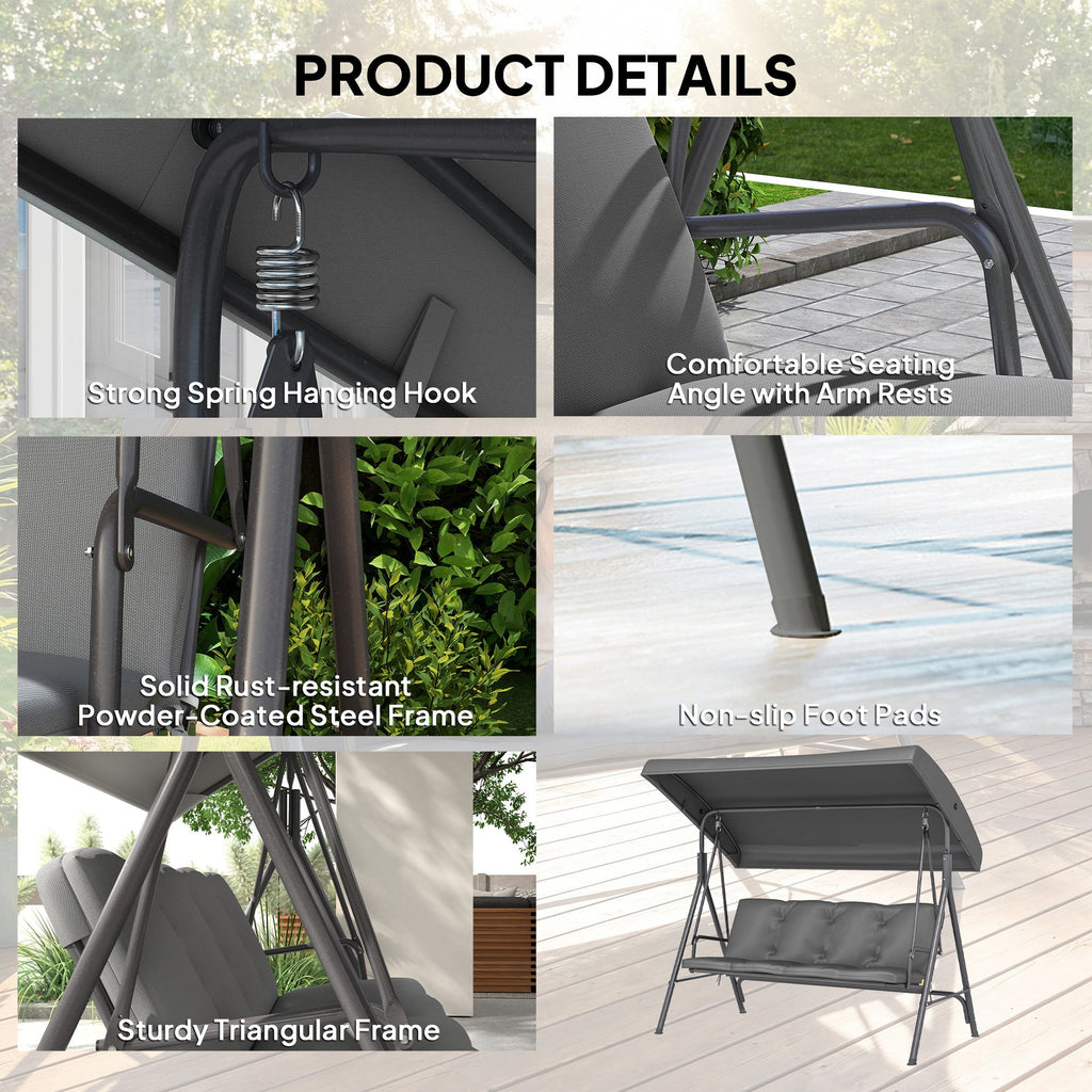 3 Seater Garden Swing Chair with Tilting Canopy and Cushion, Dark Grey