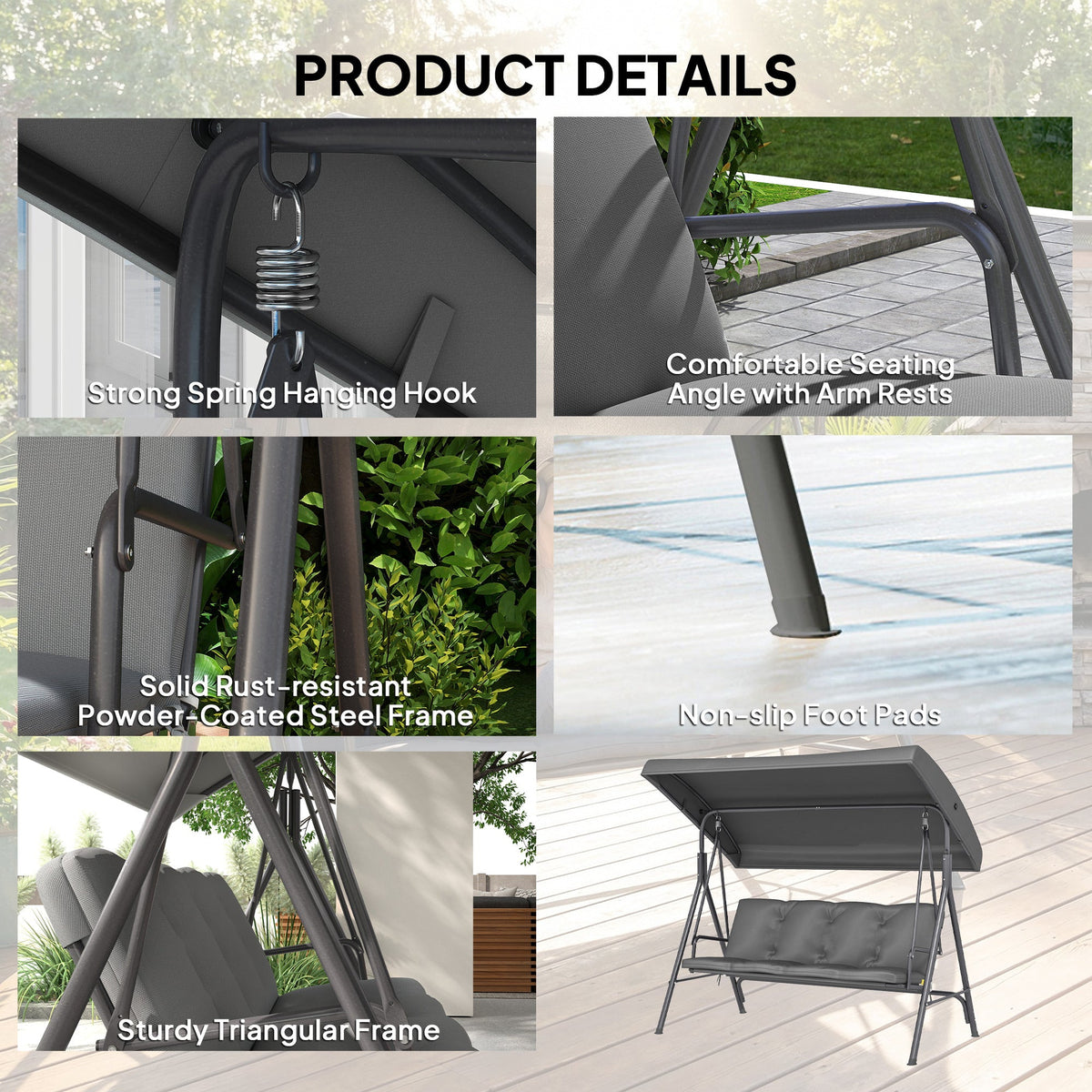 3 Seater Garden Swing Chair with Tilting Canopy and Cushion, Dark Grey