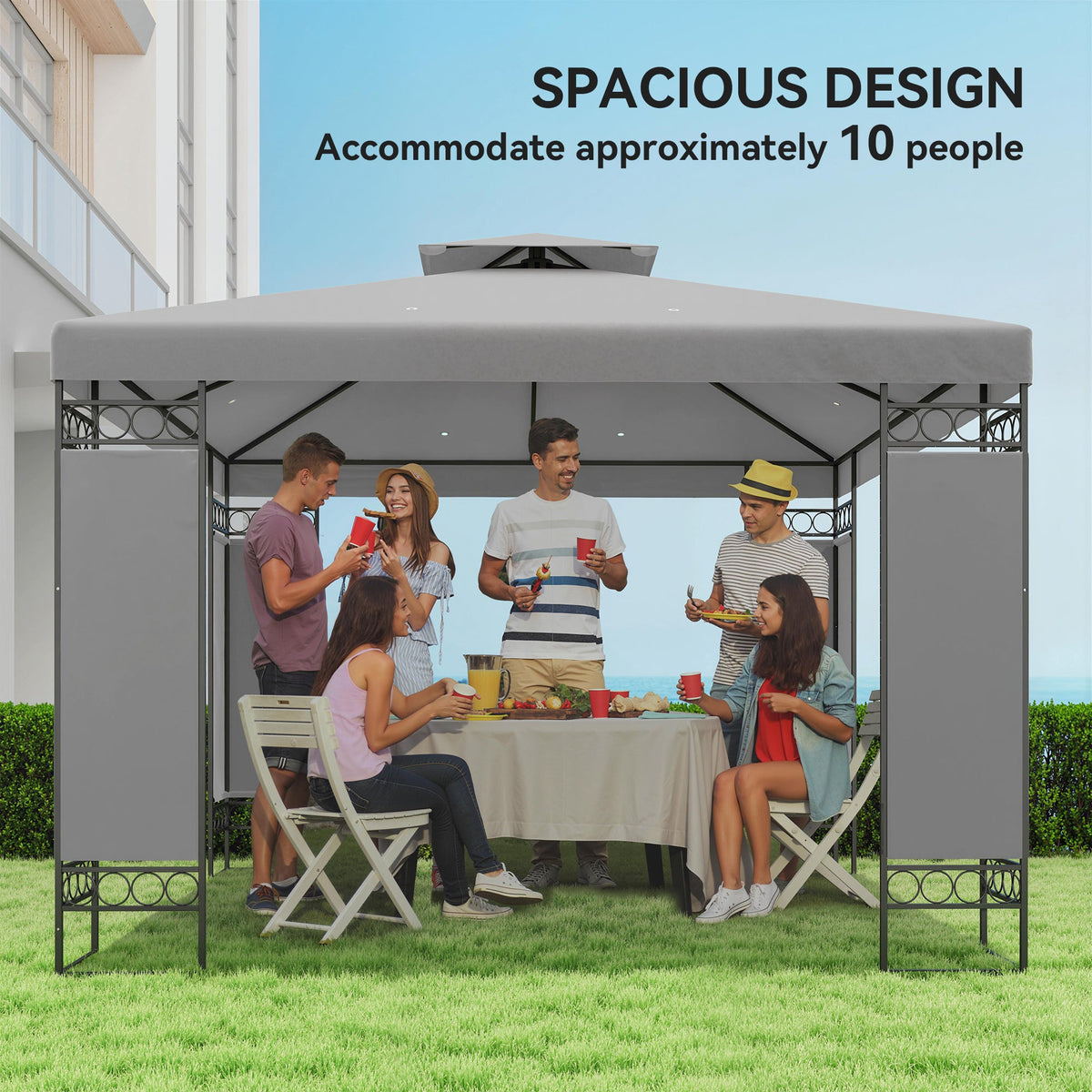 10 x 10 ft Canopy Gazebo with Double Roof and Screen Panels, Light Grey