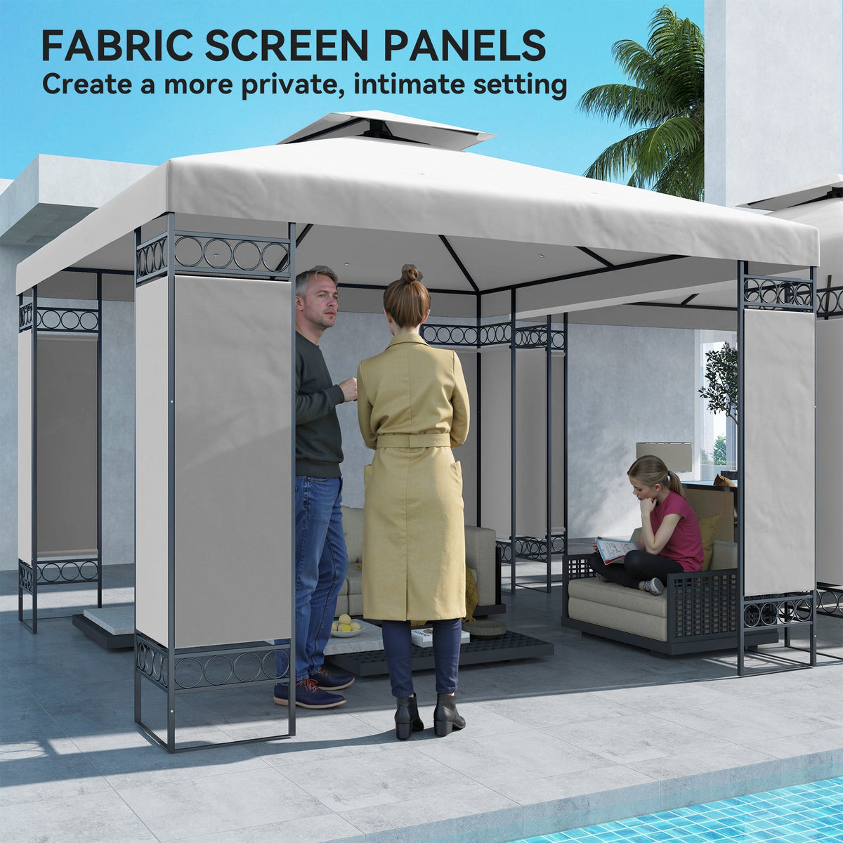 10 x 10 ft Canopy Gazebo with Double Roof and Screen Panels, Light Grey