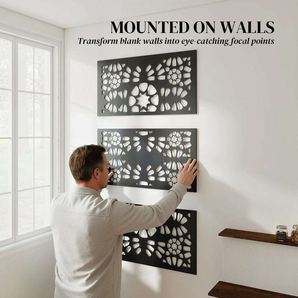 72" x 38" Metal Outdoor Privacy Screen, Symmetrical Pattern, Black