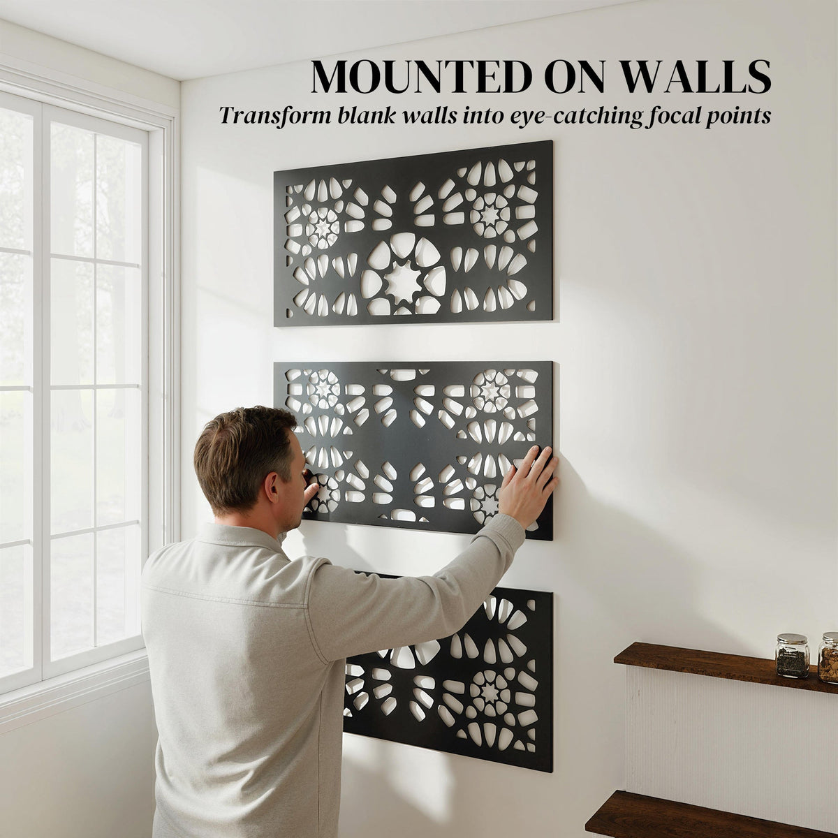72" x 38" Metal Outdoor Privacy Screen, Symmetrical Pattern, Black