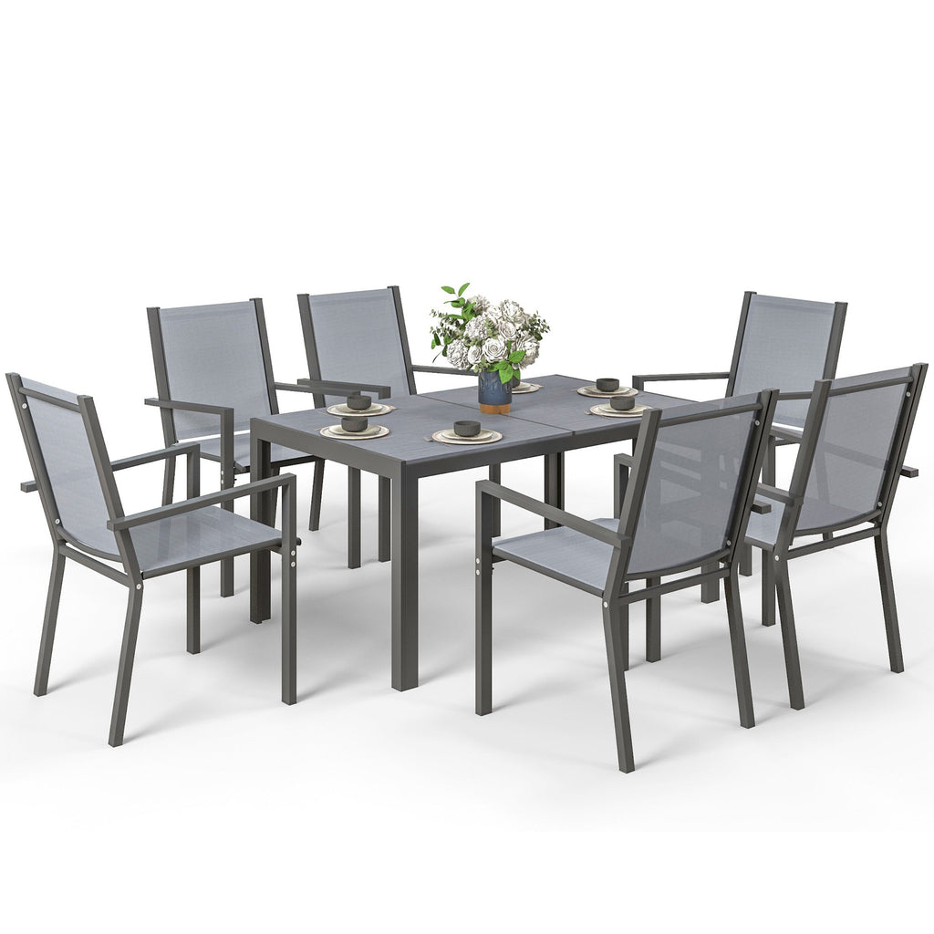 7pc Patio Dining Set with WPC Table and 6 Stackable Chairs, Light Grey