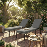 Pair of Wicker Chaise Loungers with 5-Level Backrest & Cushion, Light Grey
