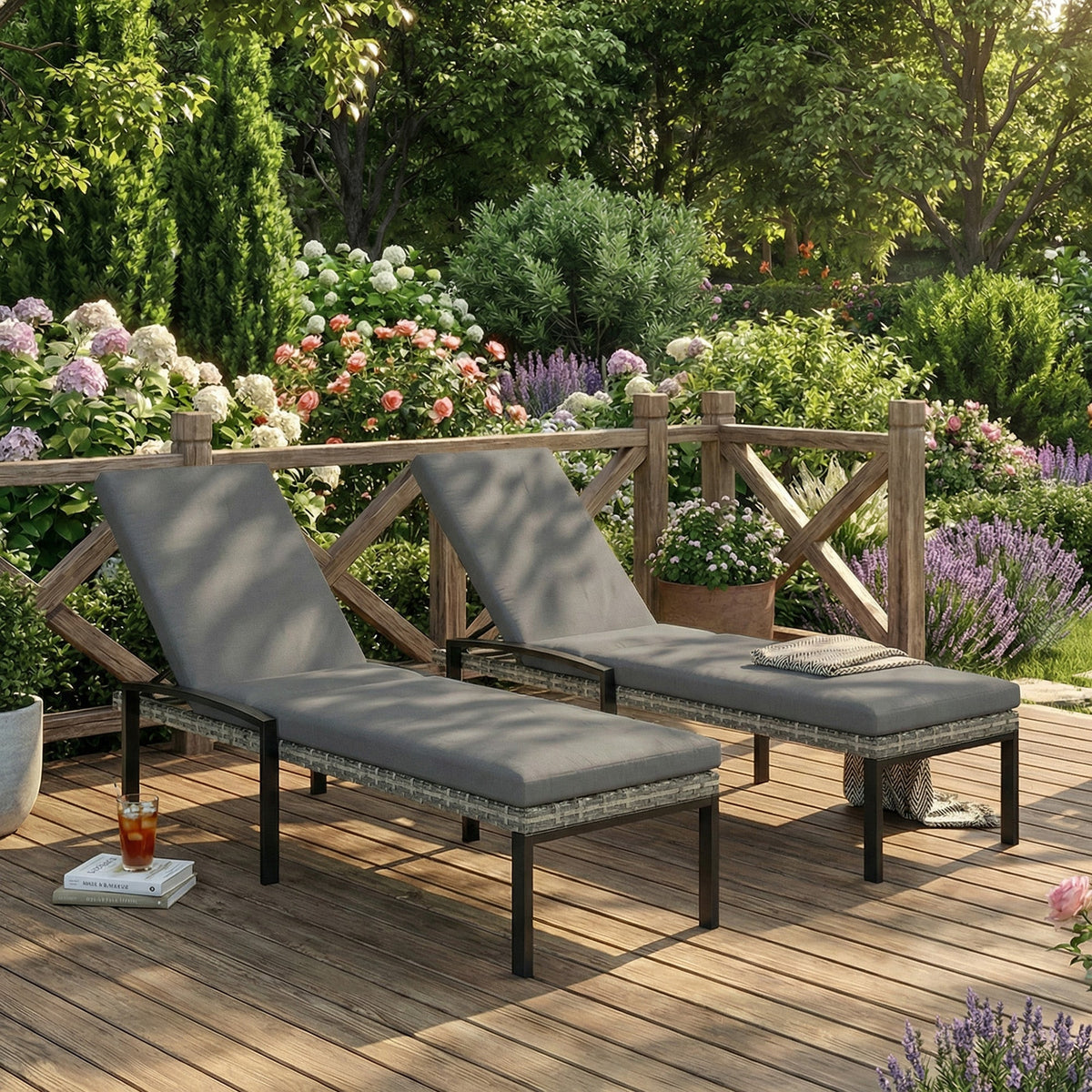 Pair of Wicker Chaise Loungers with 5-Level Backrest & Cushion, Light Grey