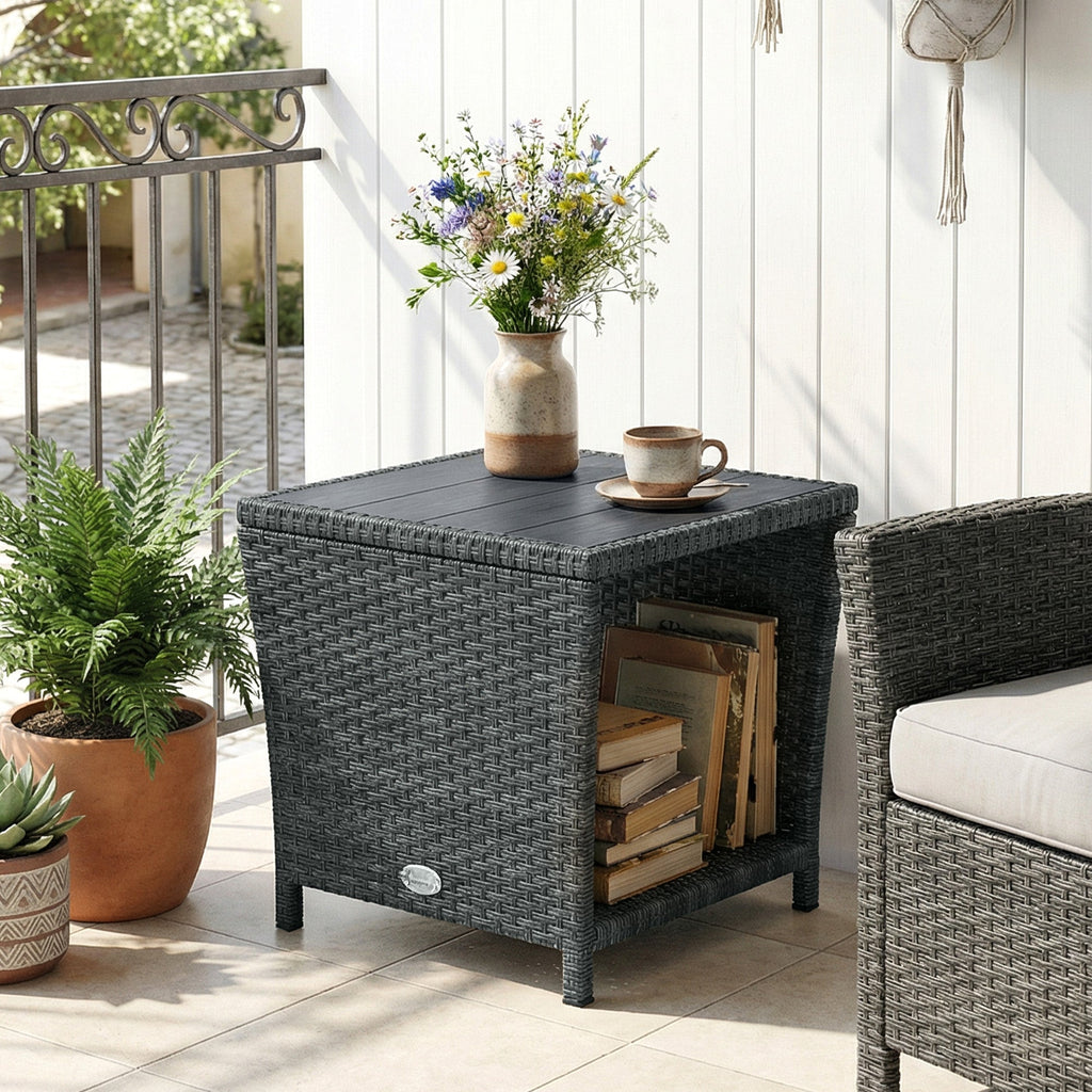 2-Tier PE Rattan Side Table with Storage Shelf, Grey