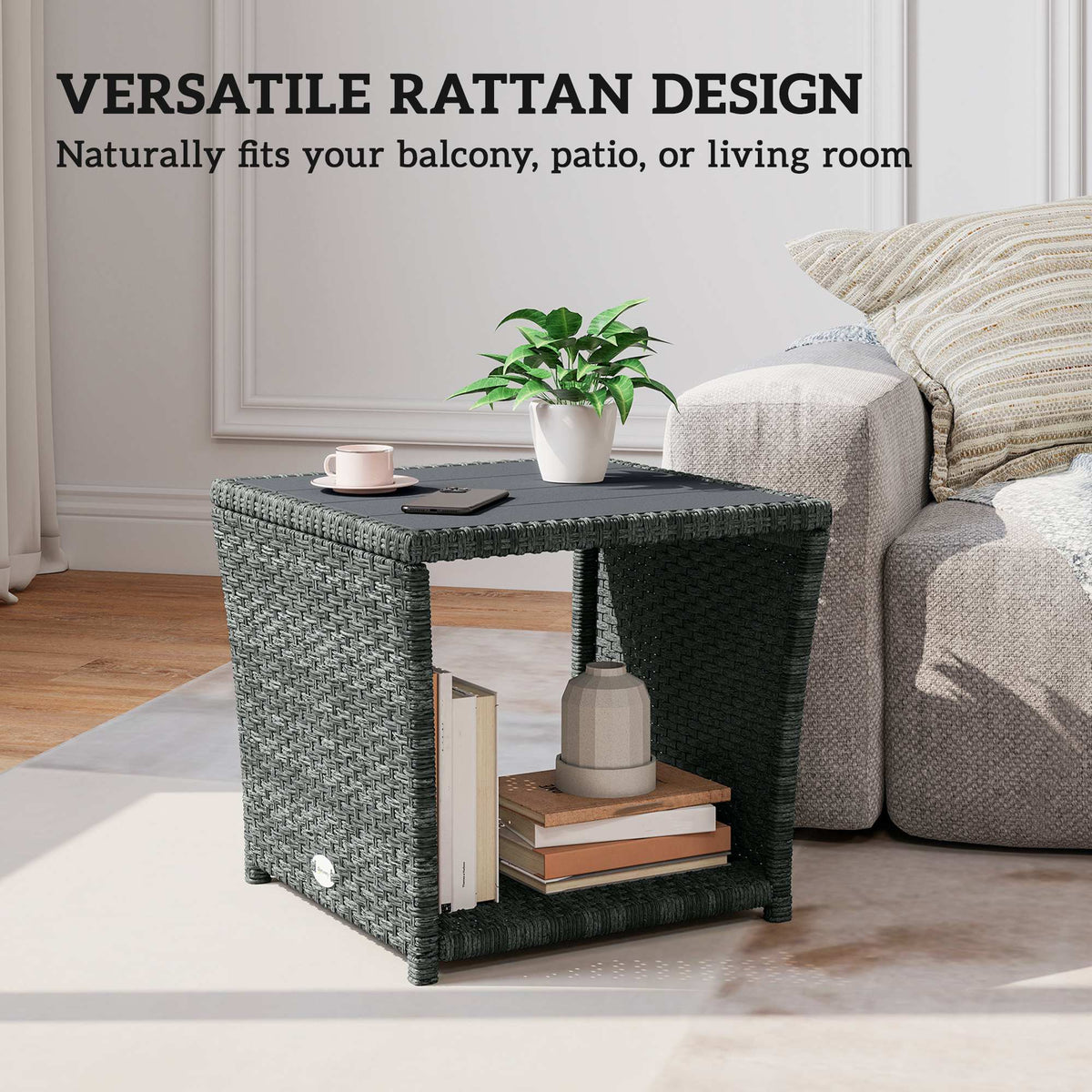 2-Tier PE Rattan Side Table with Storage Shelf, Grey