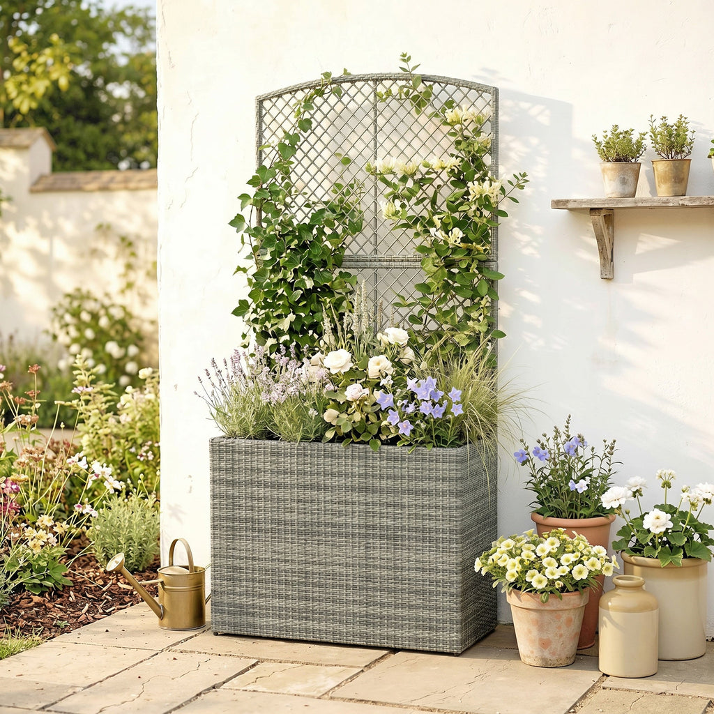 Rattan Planter with Trellis for Climbing Plants, 80 x 30 x 163 cm, Dark Grey