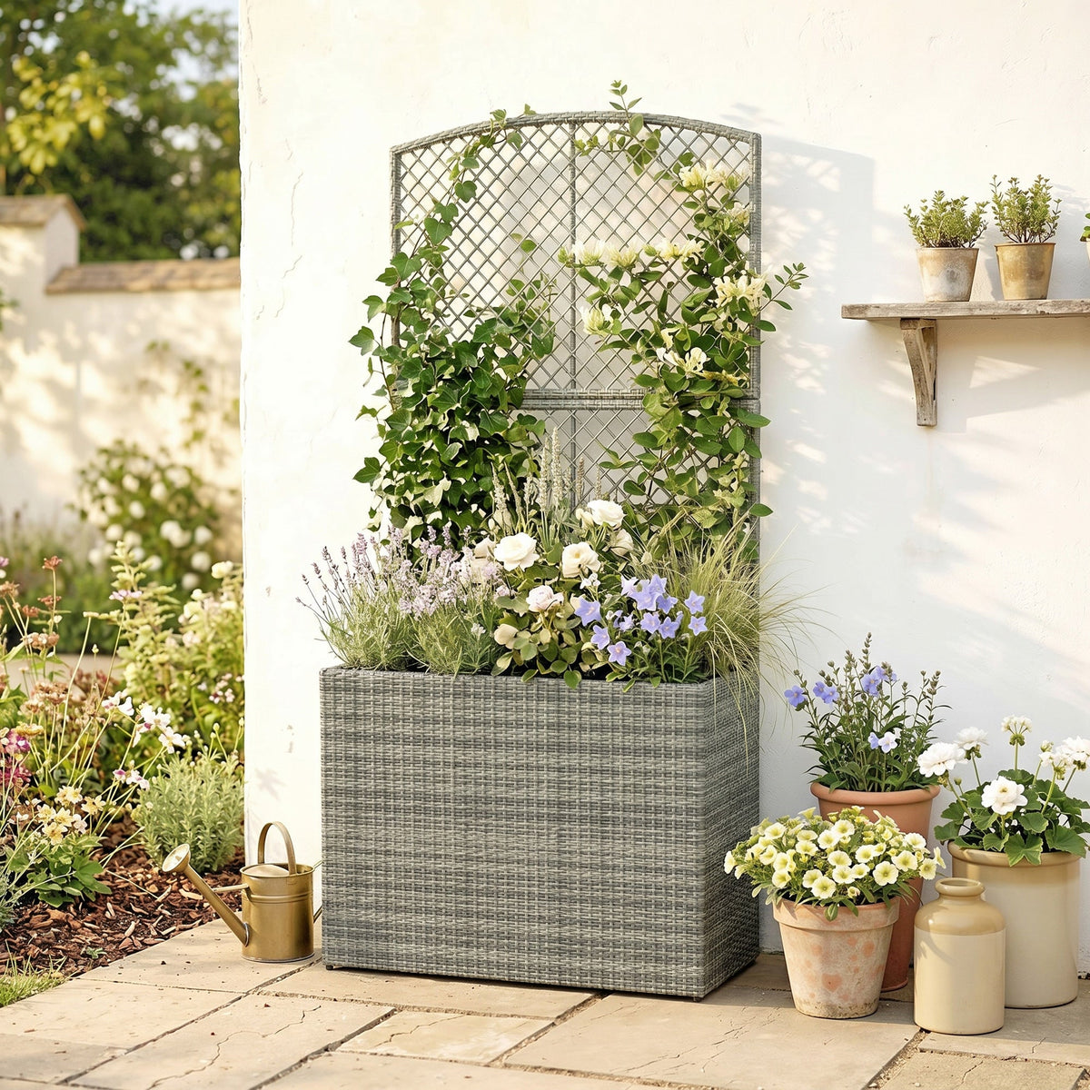 Rattan Planter with Trellis for Climbing Plants, 80 x 30 x 163 cm, Dark Grey