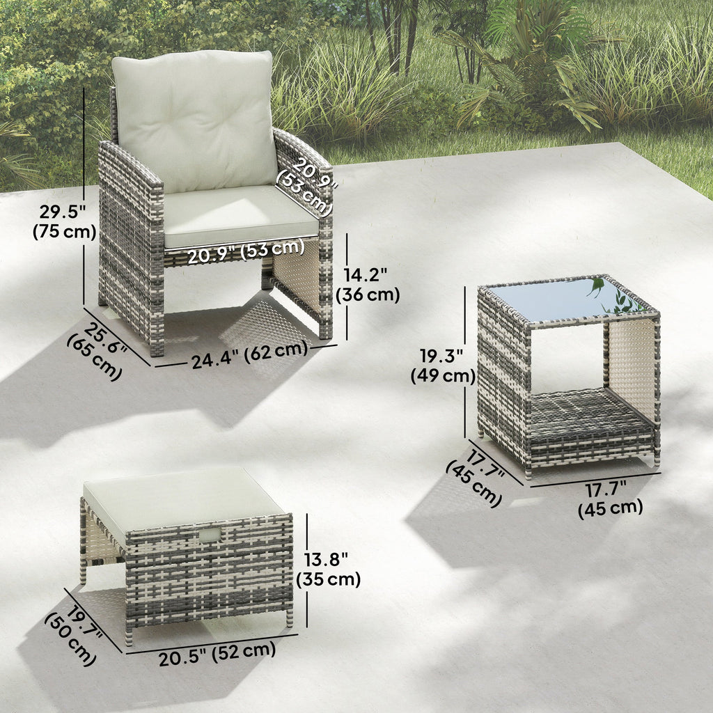 5-Piece Rattan Patio Set with Ottomans and 2-Tier Glass Coffee Table, Grey Cream