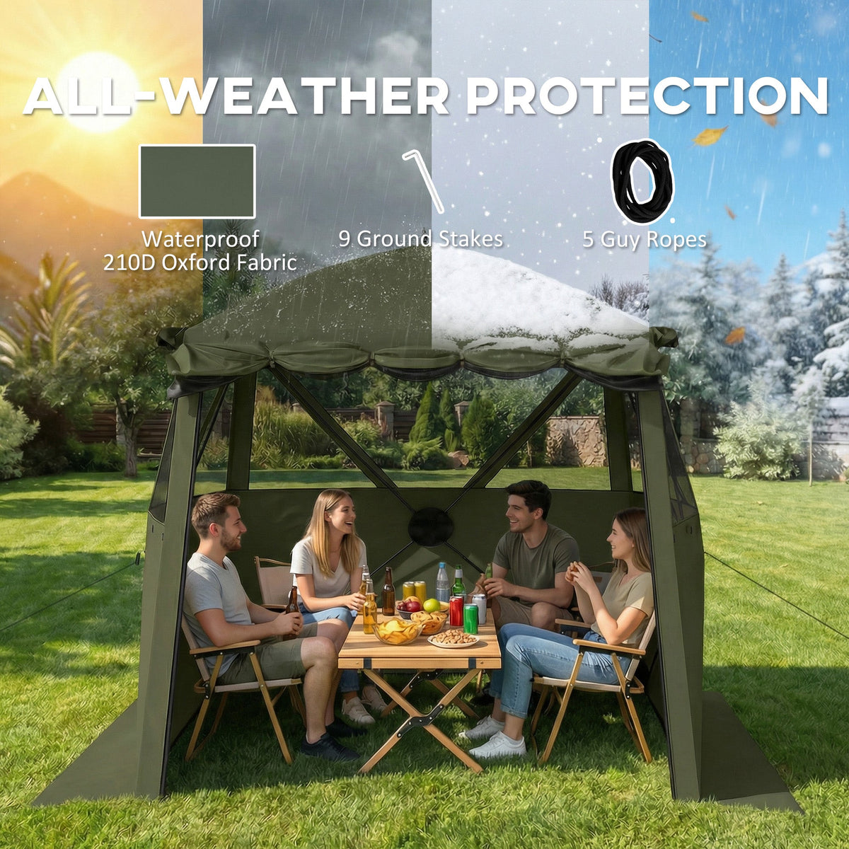 2 x 2 m Pop Up Gazebo with Awning, Sides, Mesh Windows & Carry Bag, Army Green