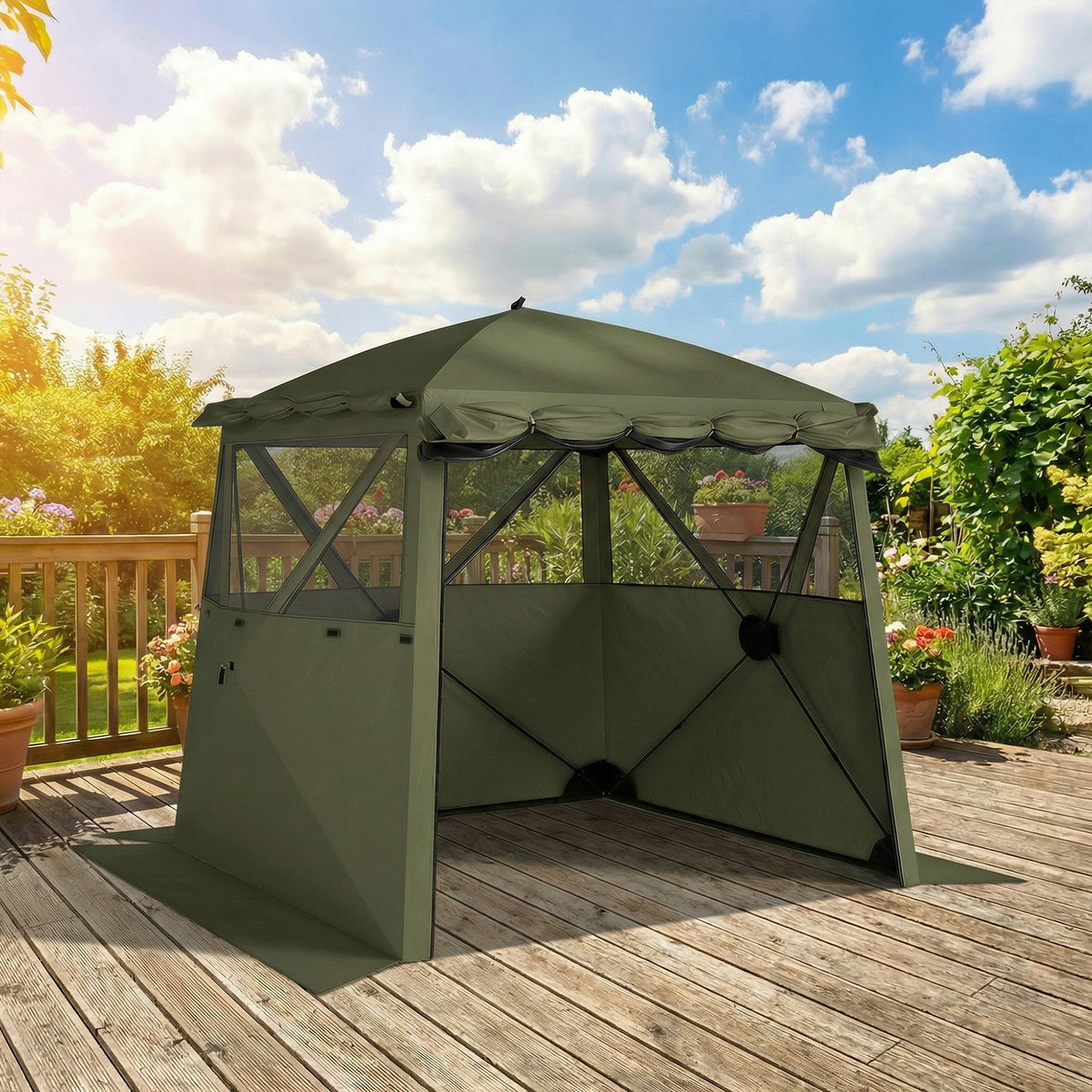 2 x 2 m Pop Up Gazebo with Awning, Sides, Mesh Windows & Carry Bag, Army Green