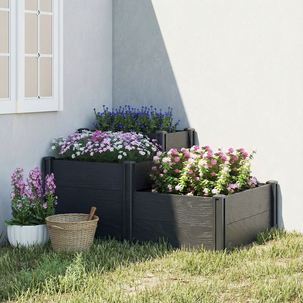 3-Tier Vinyl Raised Garden Bed with Open Bottom, Grey Wood Effect