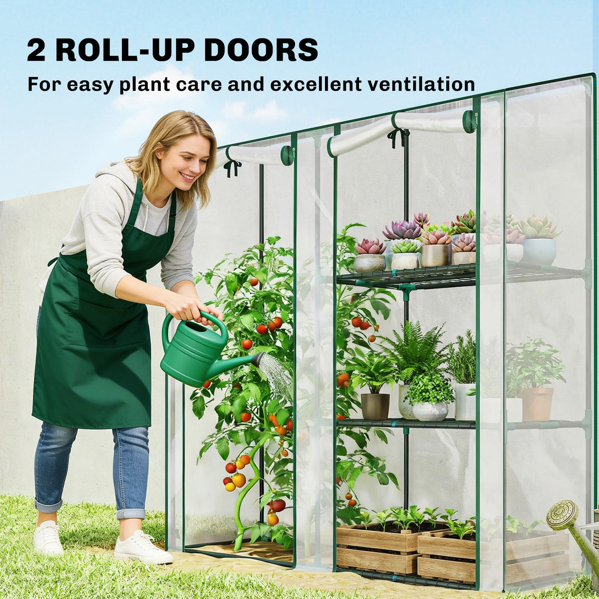 Mini Greenhouse with 3 Shelves and 2 Roll-up Doors, 56.3" x 17.7" x 59.4"
