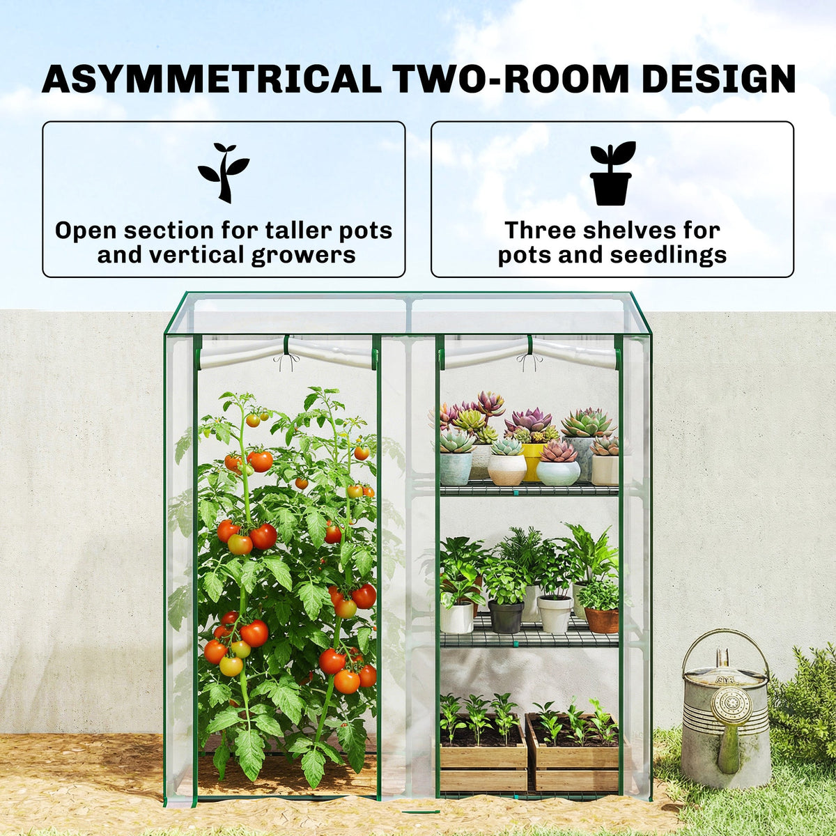 Mini Greenhouse with 3 Shelves and 2 Roll-up Doors, 56.3" x 17.7" x 59.4"