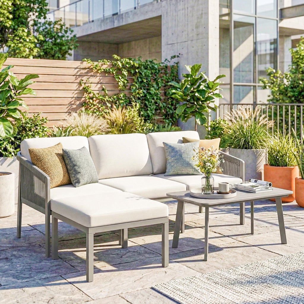 3 Piece Garden Furniture Set with Sofa, Footstool and Coffee Table, Grey