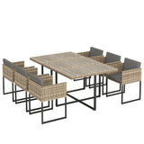 7-Piece Light Brown Rattan Dining Set with WPC Table, 6 Chairs & 12 Cushions