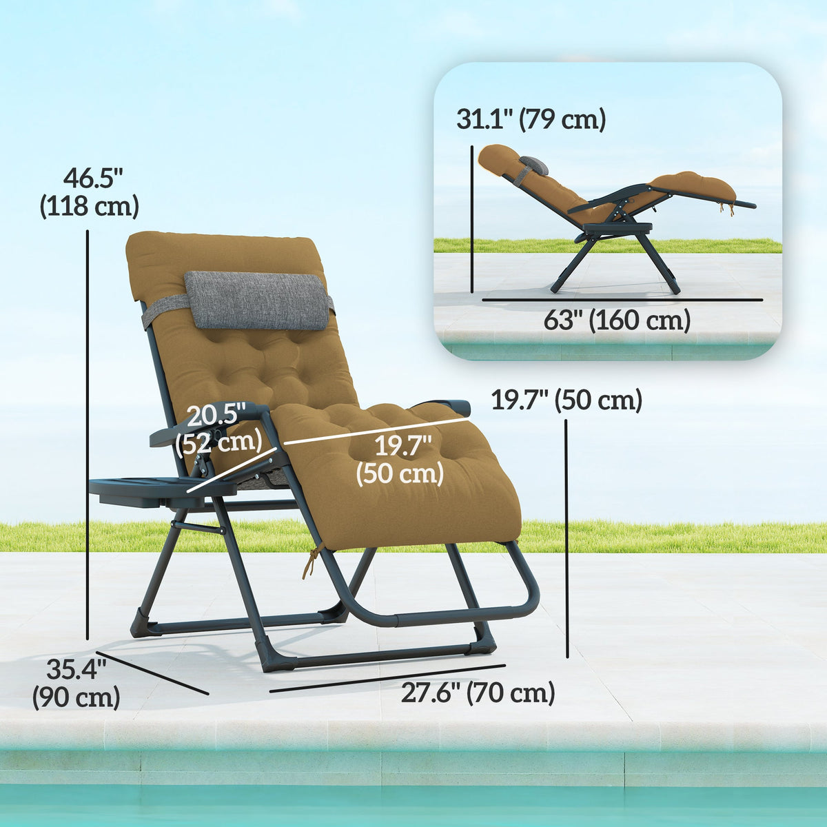 Padded Zero Gravity Chair with Cup Holder and Cushion, Light Khaki