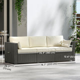 3-Seater Wicker Outdoor Sofa with Side Trays & Thick Cushions, Cream White