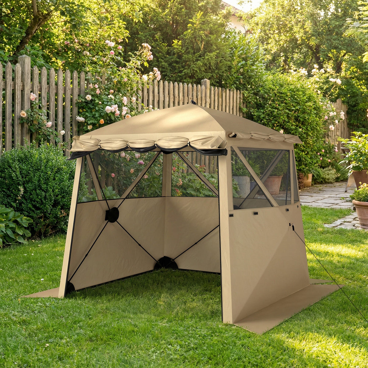 2 x 2 m Pop Up Gazebo with Awning, Sides, Mesh Windows & Carry Bag, Khaki