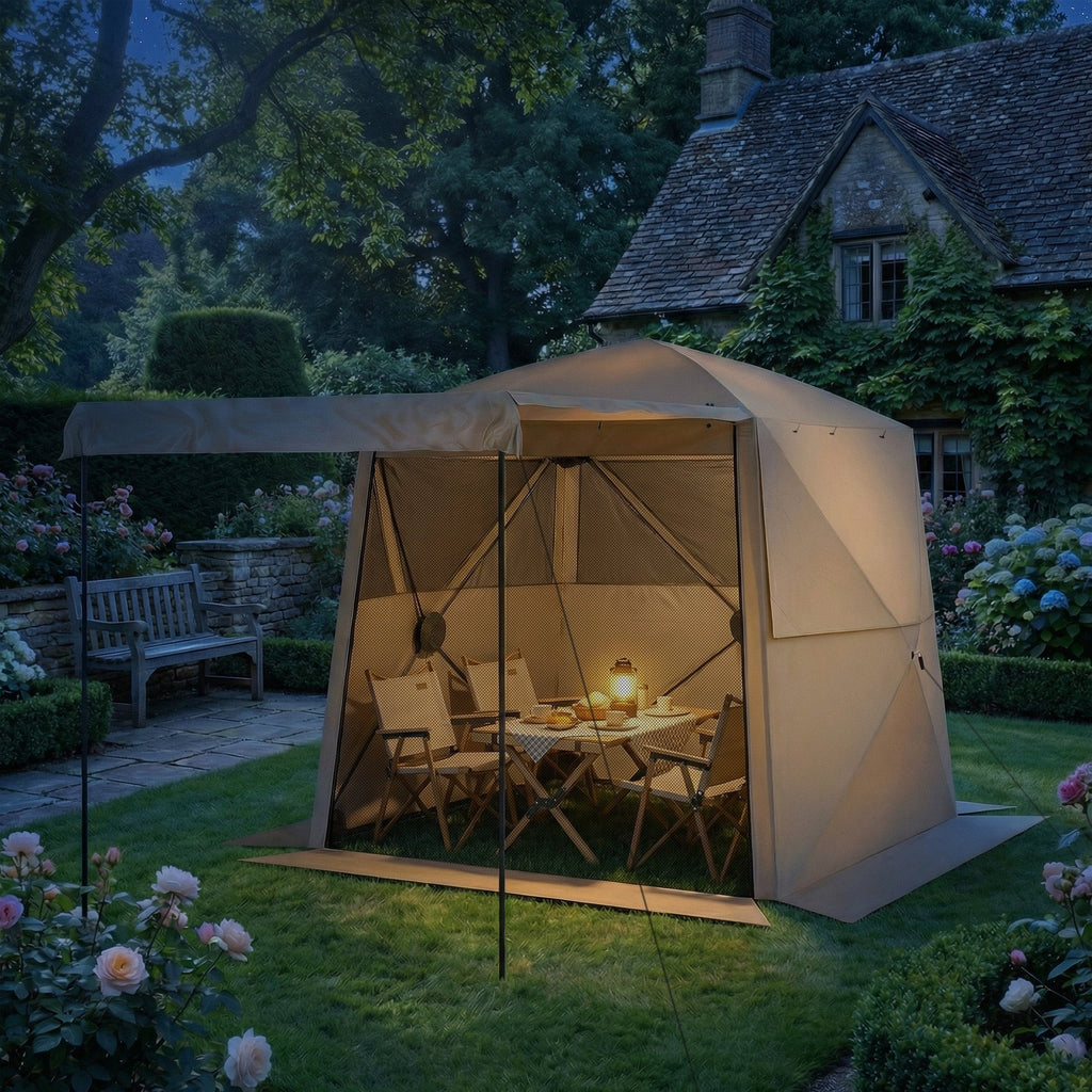 2 x 2 m Pop Up Gazebo with Awning, Sides, Mesh Windows & Carry Bag, Khaki