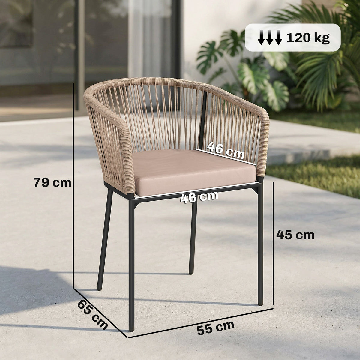 Set of 2 Rattan Dining Chairs with Cushions, Metal Frame, String Back & Armrests