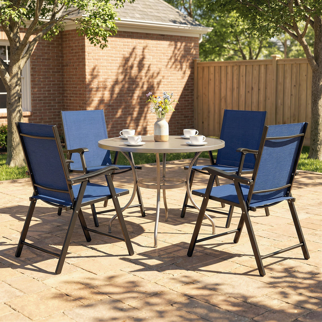 Set of 4 Folding Garden Chairs with High Back and Armrests, Navy Blue